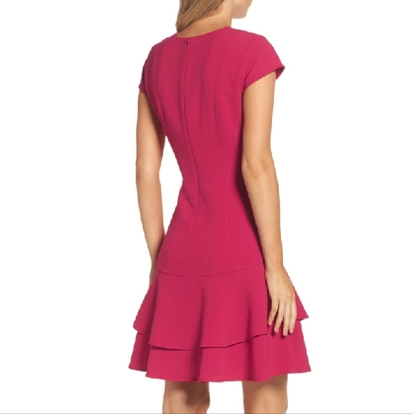ELIZA J Stretch Ruffle Crepe Sheath Drop Waist Short Sleeve Dress Berry Barbie - Picture 2 of 15
